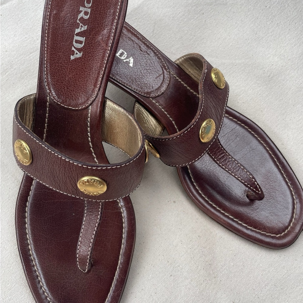 Prada Dark Brown Leather Mule Sandals with Gold Details - Picture 3 of 6